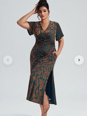 Brand New:Green & Brown Floral Wrap Maxi Dress